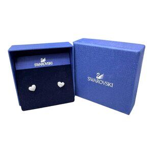 Swarovski Crystal Pave Heart Stud Earrings In Elegant Silver Tone New In Box